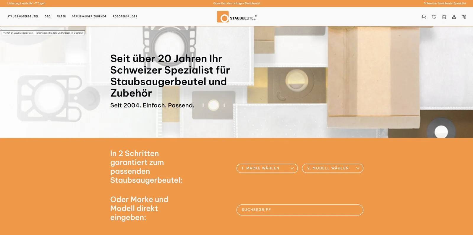 Startseite von staubbeutel.ch – Schweizer Spezialist für Staubsaugerbeutel